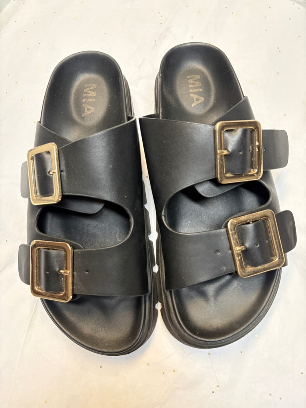 MIA Black Slides with Gold Buckles
